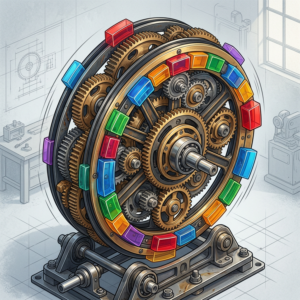 Detailed mechanical gears with colorful blocks assembled on a rotating apparatus